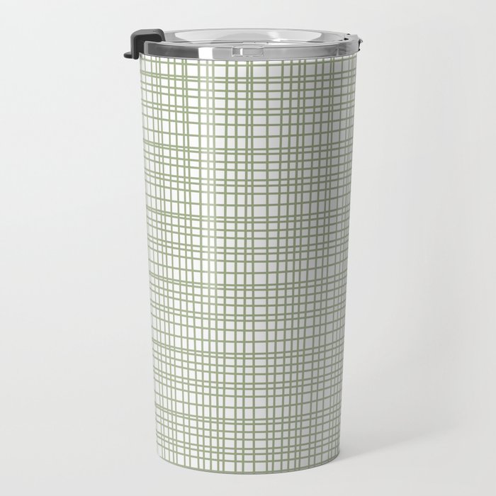 Fine Weave Retro Mid Century Modern Minimalist Woven Line Pattern Sage Green and White Travel Mug Gallery Image 3