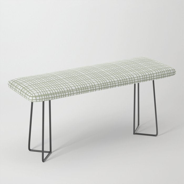 Fine Weave Retro Mid Century Modern Minimalist Woven Line Pattern Sage Green and White Bench Gallery Image 1