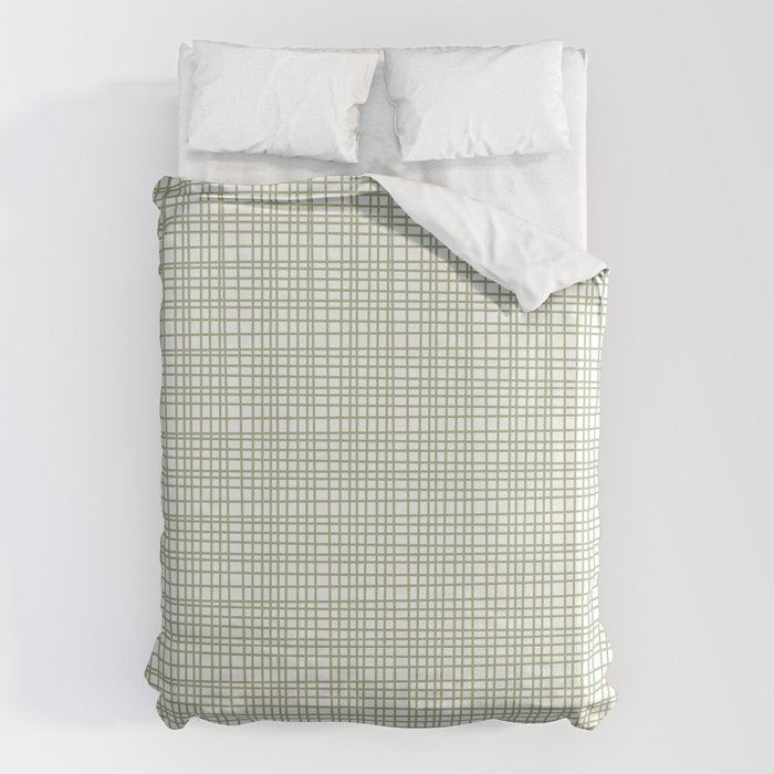 Fine Weave Retro Mid Century Modern Minimalist Woven Line Pattern Sage Green and White Duvet Cover Gallery Image 6