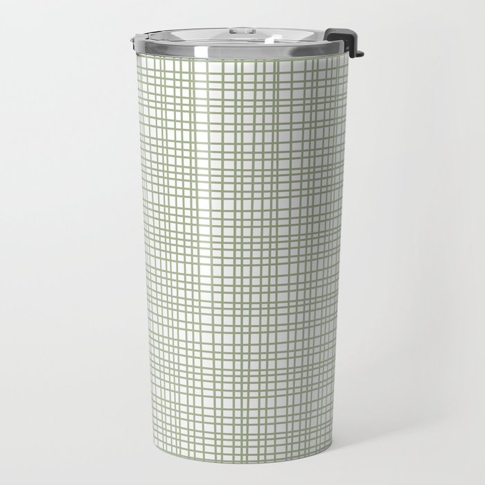 Fine Weave Retro Mid Century Modern Minimalist Woven Line Pattern Sage Green and White Travel Mug Gallery Image 2