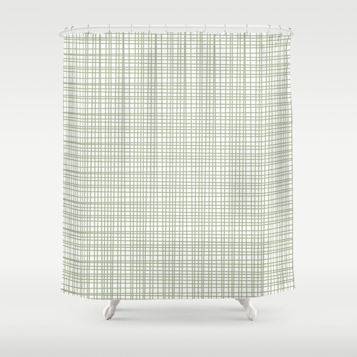 Fine Weave Retro Mid Century Modern Minimalist Woven Line Pattern Sage Green and White Shower Curtain Gallery Image 1
