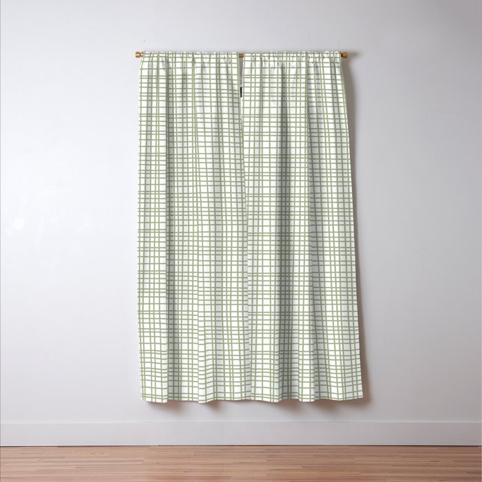Fine Weave Retro Mid Century Modern Minimalist Woven Line Pattern Sage Green and White Window Curtain Gallery Image 3