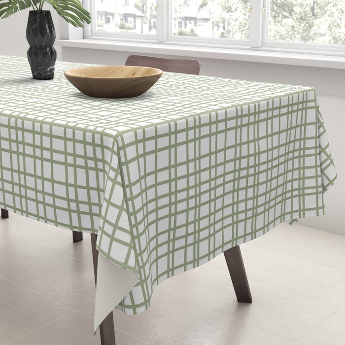 Fine Weave Retro Mid Century Modern Minimalist Woven Line Pattern Sage Green and White Tablecloth Gallery Image 3