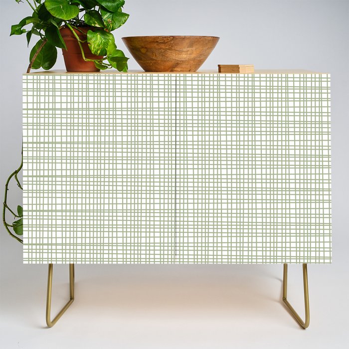 Fine Weave Retro Mid Century Modern Minimalist Woven Line Pattern Sage Green and White Credenza Gallery Image 1