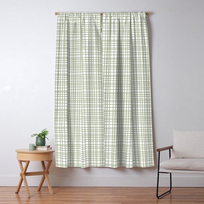 Fine Weave Retro Mid Century Modern Minimalist Woven Line Pattern Sage Green and White Window Curtain Gallery Image 5