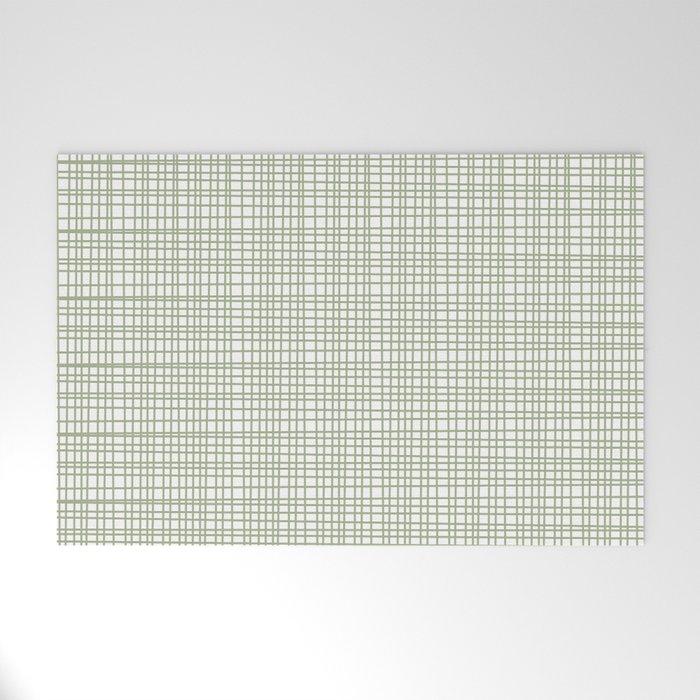 Fine Weave Retro Mid Century Modern Minimalist Woven Line Pattern Sage Green and White Welcome Mat Gallery Image 1