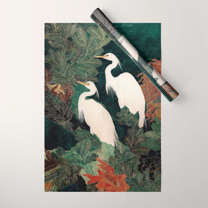 Japanese chinoiserie Bird Wall Art Maximalist Green Print Heron Painting japandi living room poster Wrapping Paper Gallery Image 1