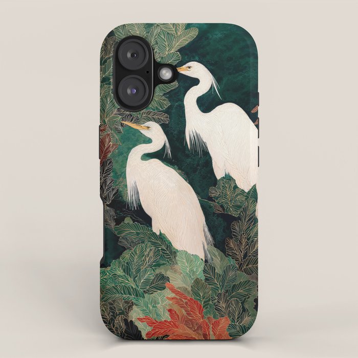 Japanese chinoiserie Bird Wall Art Maximalist Green Print Heron Painting japandi living room poster iPhone Case Gallery Image 1