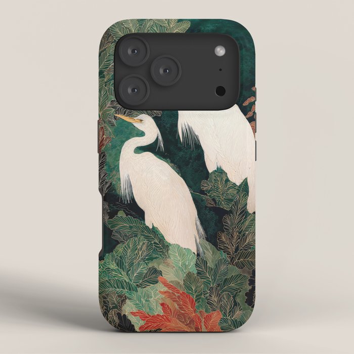 Japanese chinoiserie Bird Wall Art Maximalist Green Print Heron Painting japandi living room poster iPhone Case Gallery Image 3