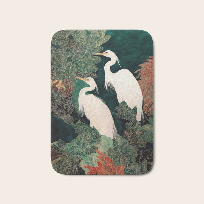 Japanese chinoiserie Bird Wall Art Maximalist Green Print Heron Painting japandi living room poster Bath Mat Gallery Image 1