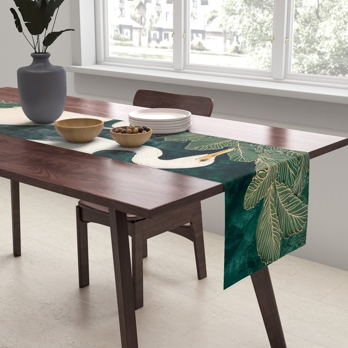 Japanese chinoiserie Bird Wall Art Maximalist Green Print Heron Painting japandi living room poster Table Runner Gallery Image 2