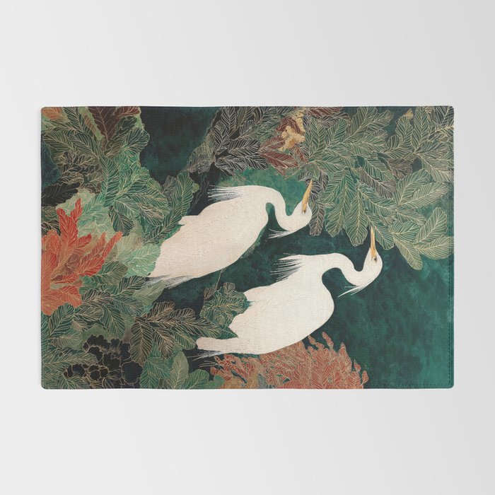 Japanese chinoiserie Bird Wall Art Maximalist Green Print Heron Painting japandi living room poster Rug Gallery Image 2