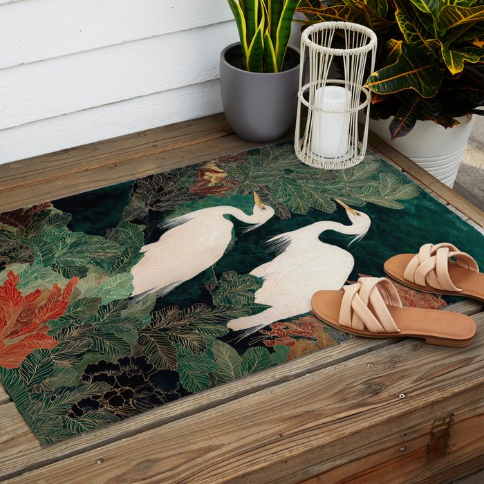 Japanese chinoiserie Bird Wall Art Maximalist Green Print Heron Painting japandi living room poster Outdoor Rug Gallery Image 2