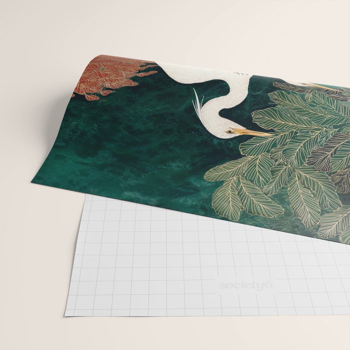 Japanese chinoiserie Bird Wall Art Maximalist Green Print Heron Painting japandi living room poster Wrapping Paper Gallery Image 2
