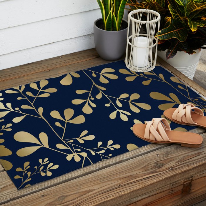 Floral Leaves Navy Blue and Gold Outdoor Rug Gallery Image 2