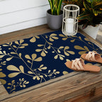 Floral Leaves Navy Blue and Gold Outdoor Rug Gallery Image 2