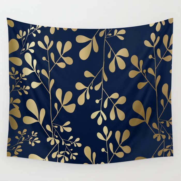 Floral Leaves Navy Blue and Gold Wall Tapestry Gallery Image 1