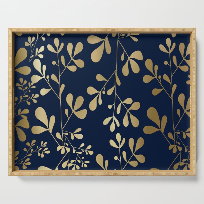 Floral Leaves Navy Blue and Gold Serving Tray Gallery Image 1