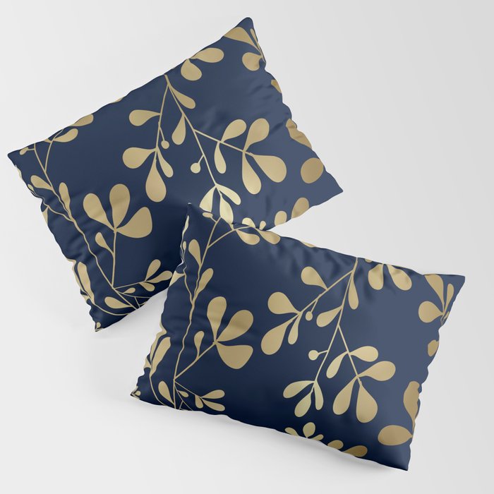 Floral Leaves Navy Blue and Gold Pillow Sham Gallery Image 3