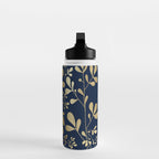 Floral Leaves Navy Blue and Gold Water Bottle Gallery Image 3