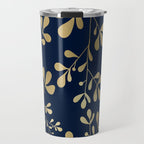 Floral Leaves Navy Blue and Gold Travel Mug Gallery Image 1