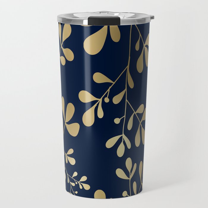 Floral Leaves Navy Blue and Gold Travel Mug Gallery Image 1