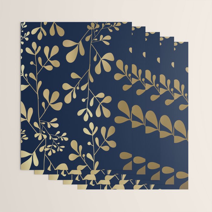 Floral Leaves Navy Blue and Gold Wrapping Paper Gallery Image 3