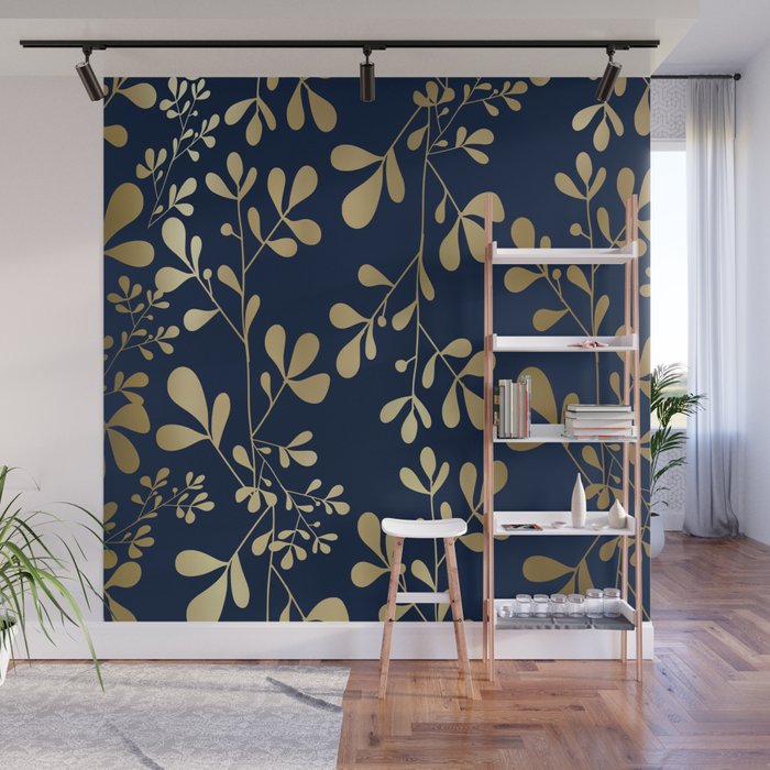 Floral Leaves Navy Blue and Gold Wall Mural Gallery Image 1