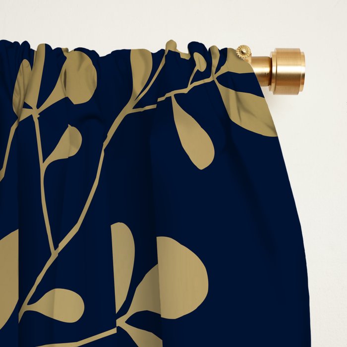 Floral Leaves Navy Blue and Gold Window Curtain Gallery Image 2