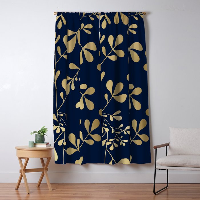 Floral Leaves Navy Blue and Gold Window Curtain Gallery Image 5