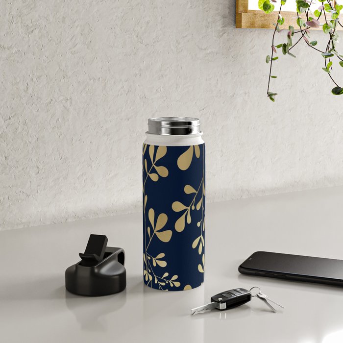 Floral Leaves Navy Blue and Gold Water Bottle Gallery Image 4