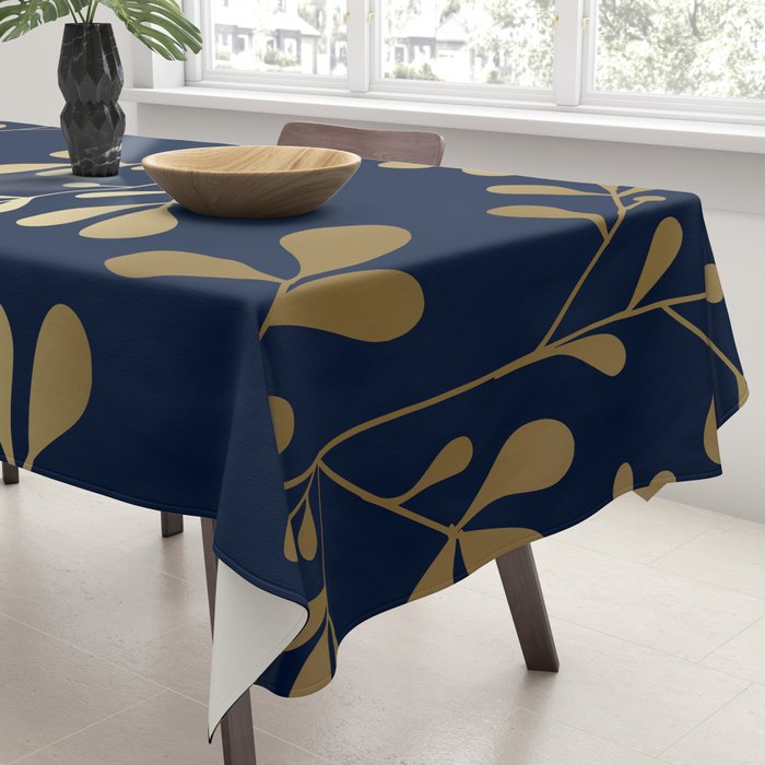 Floral Leaves Navy Blue and Gold Tablecloth Gallery Image 3
