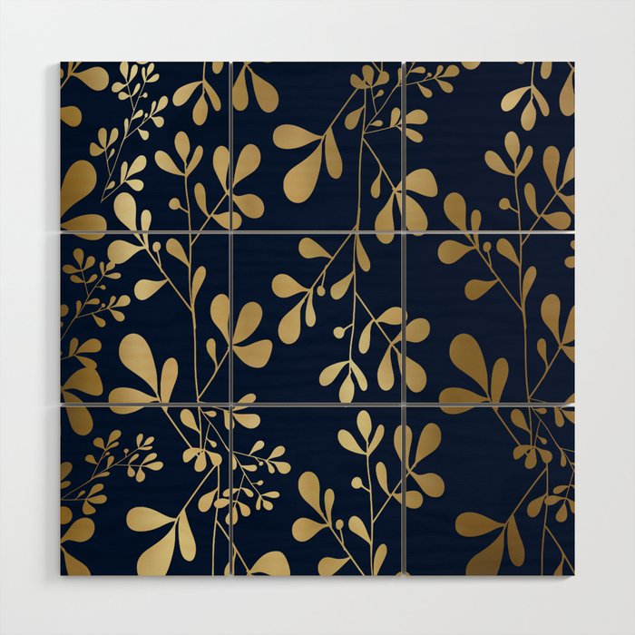 Floral Leaves Navy Blue and Gold Wood Wall Art Gallery Image 1