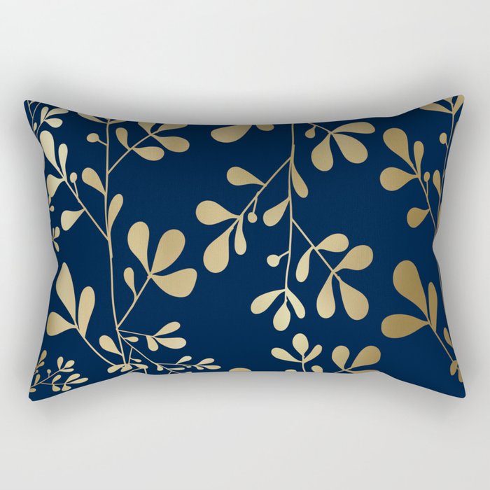 Floral Leaves Navy Blue and Gold Rectangular Pillow Gallery Image 1