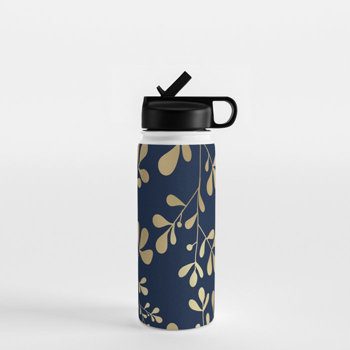 Floral Leaves Navy Blue and Gold Water Bottle Gallery Image 1