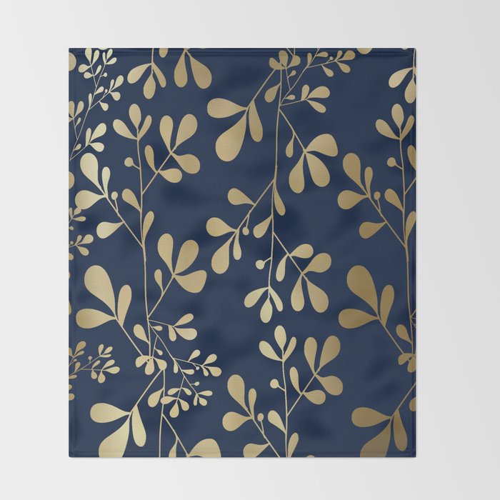 Floral Leaves Navy Blue and Gold Throw Blanket Gallery Image 2