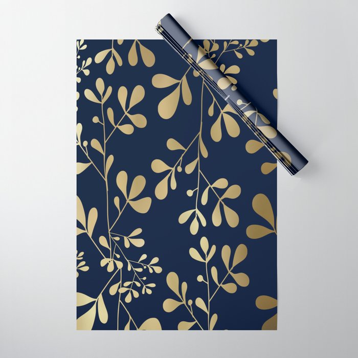 Floral Leaves Navy Blue and Gold Wrapping Paper Gallery Image 1
