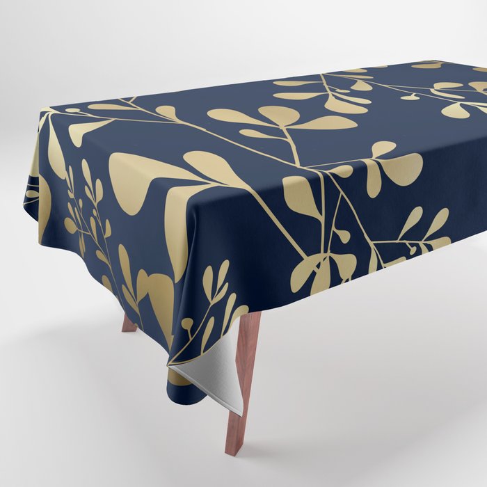 Floral Leaves Navy Blue and Gold Tablecloth Gallery Image 1