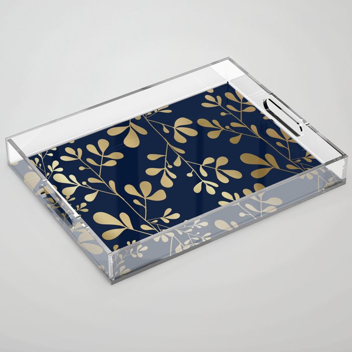 Floral Leaves Navy Blue and Gold Acrylic Tray Gallery Image 1