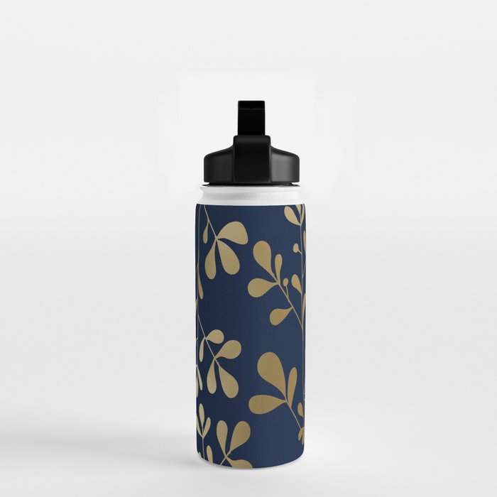 Floral Leaves Navy Blue and Gold Water Bottle Gallery Image 2