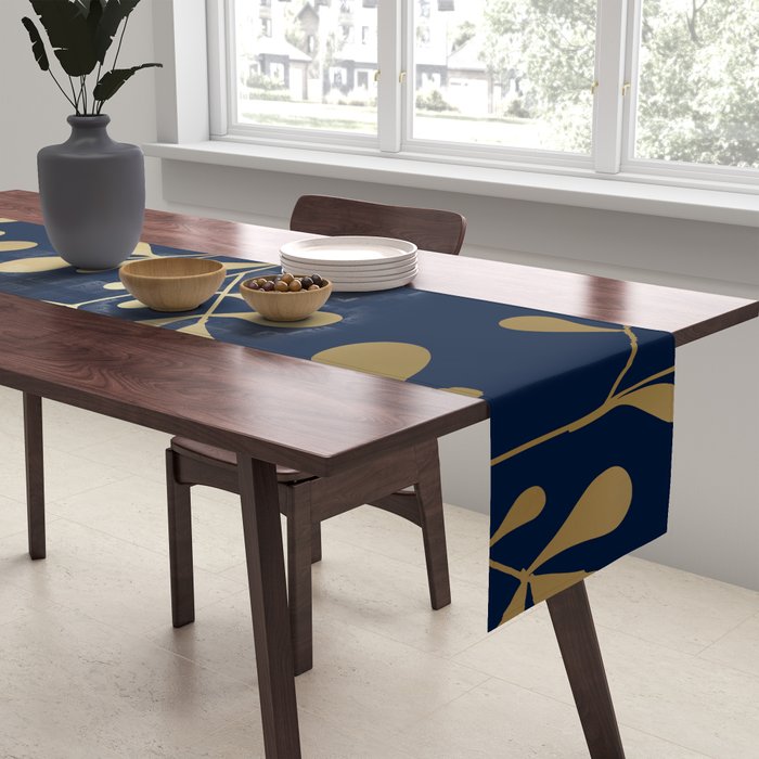 Floral Leaves Navy Blue and Gold Table Runner Gallery Image 2