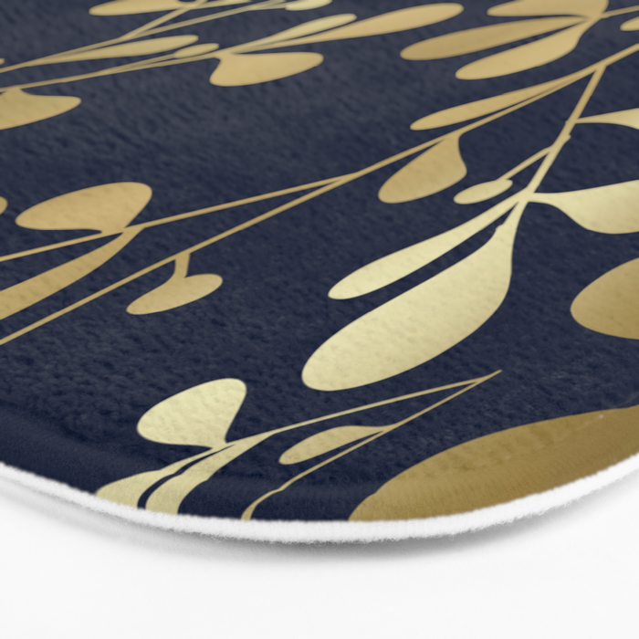 Floral Leaves Navy Blue and Gold Bath Mat Gallery Image 3