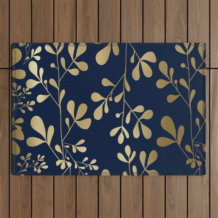 Floral Leaves Navy Blue and Gold Outdoor Rug Gallery Image 1