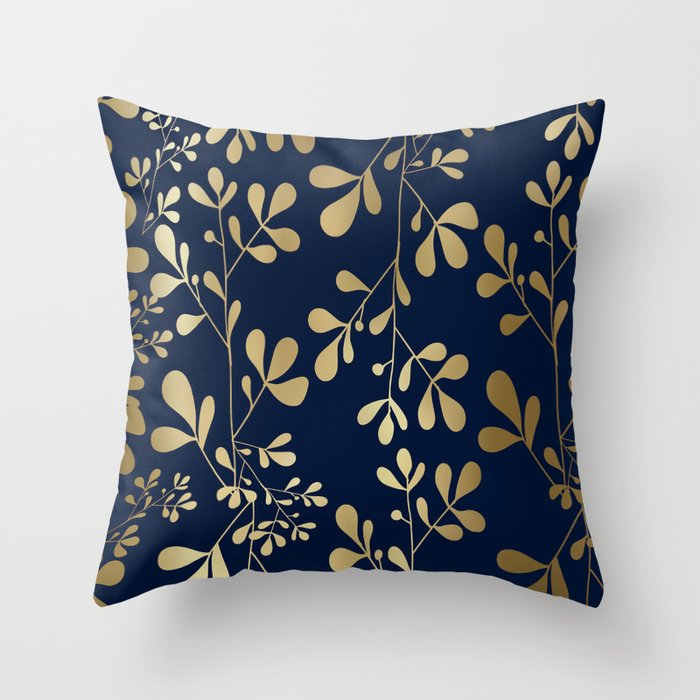 Floral Leaves Navy Blue and Gold Throw Pillow Gallery Image 6