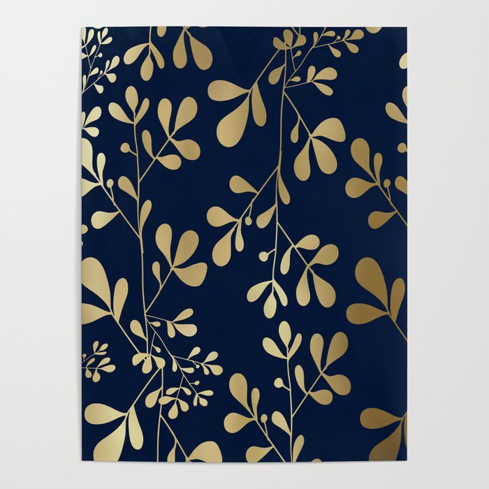 Floral Leaves Navy Blue and Gold Poster Gallery Image 1