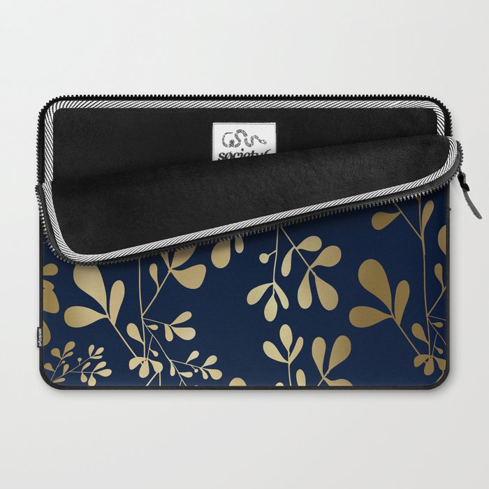 Floral Leaves Navy Blue and Gold Laptop Sleeve Gallery Image 2