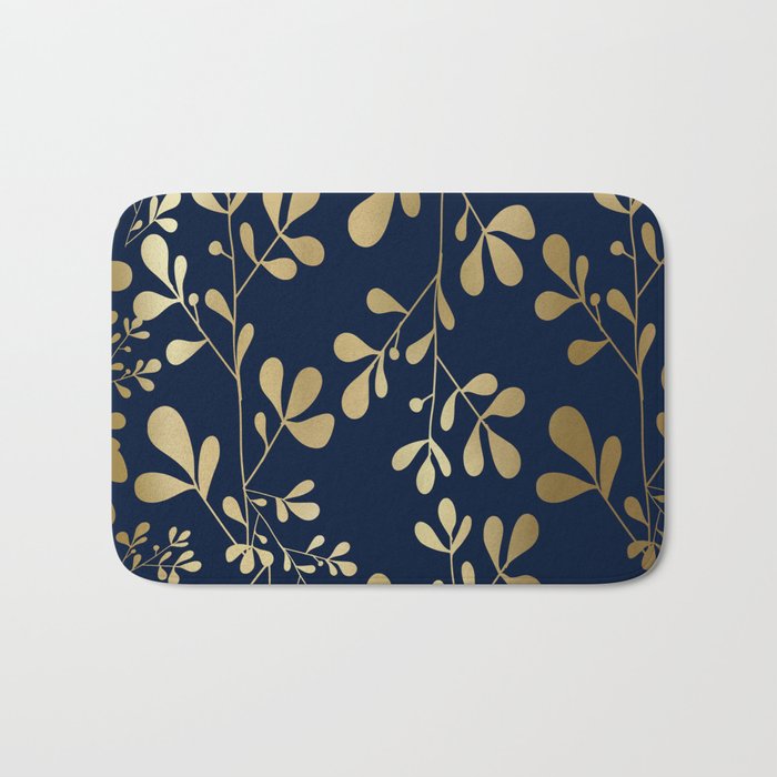Floral Leaves Navy Blue and Gold Bath Mat Gallery Image 1