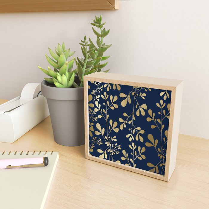 Floral Leaves Navy Blue and Gold Mini Art Print Gallery Image 2