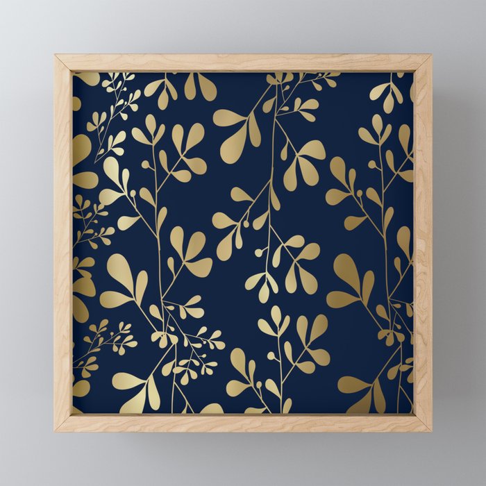 Floral Leaves Navy Blue and Gold Mini Art Print Gallery Image 1