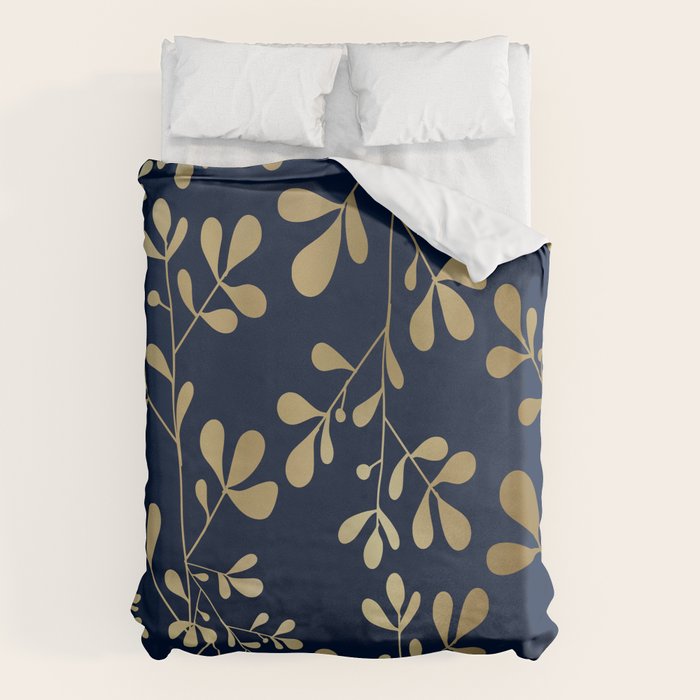 Floral Leaves Navy Blue and Gold Duvet Cover Gallery Image 1